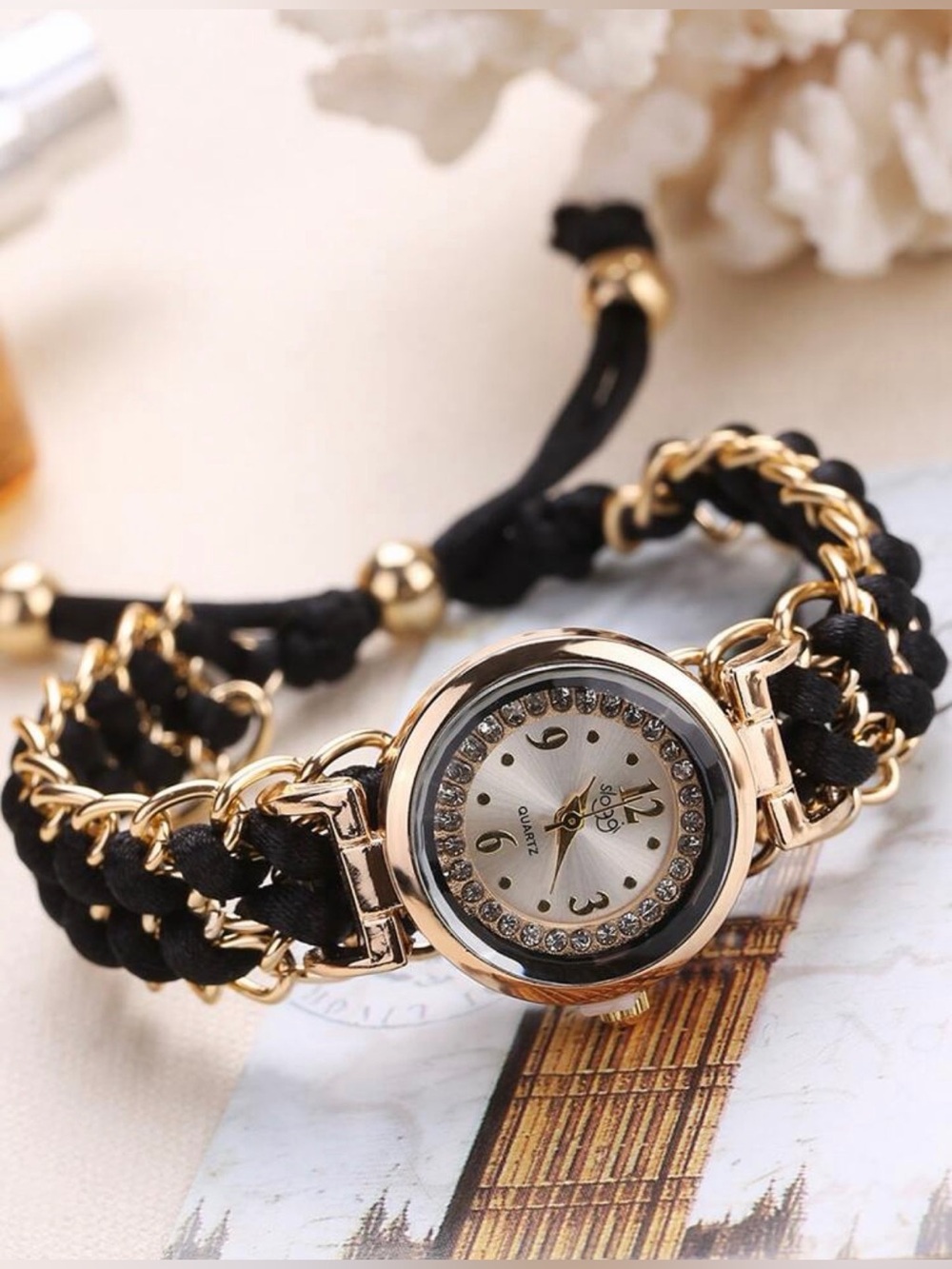 Elegant Women's Rhinestone Watch with Adjustable Braided Chain Strap